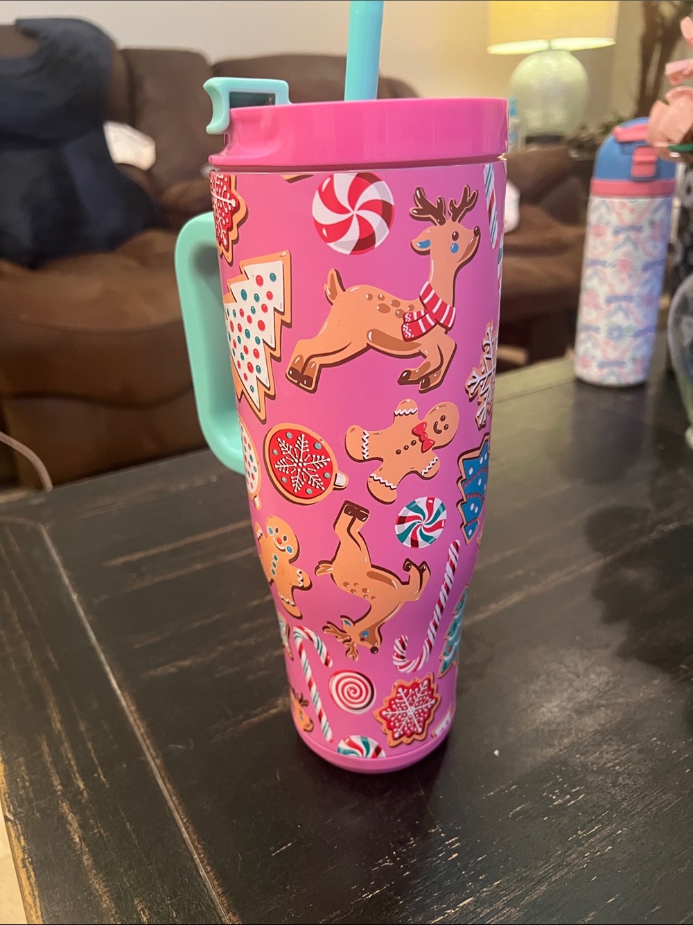 Simply Belle Pink Holiday Kids Tumbler with Mint Handle